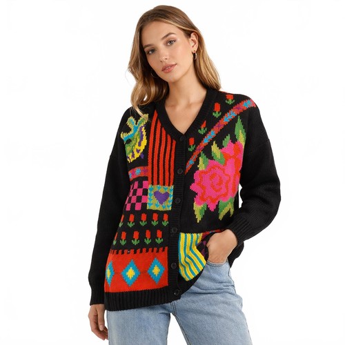 Kris Michele Vintage Patchwork Knit oversized Cardigan Art Knit Sweater - Size S
