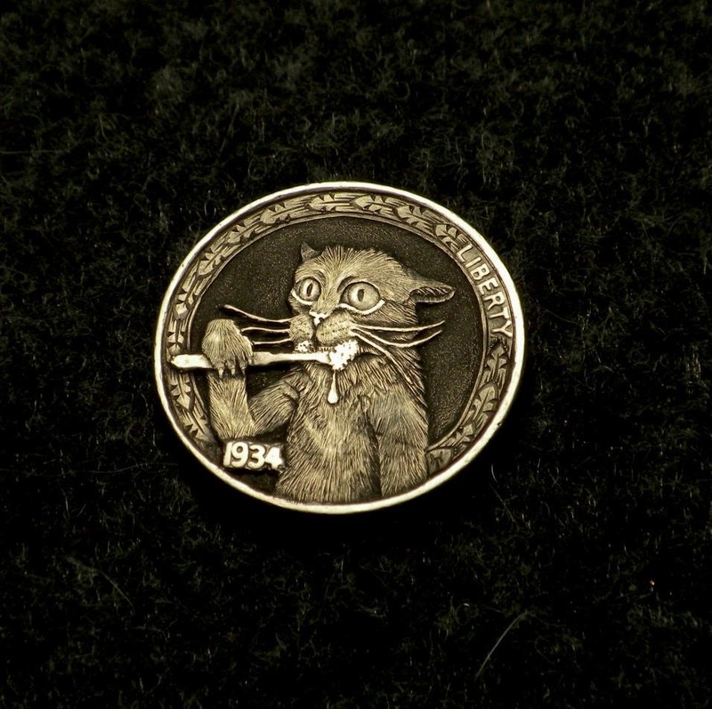 Original Hobo Nickel Cat Kitten ""EWW! Kissed By A Dog" Coin  Howard Thomas