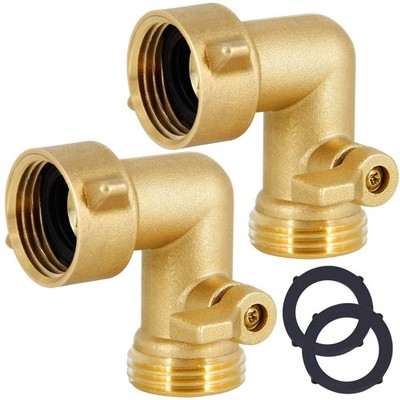 Brass Garden Hose Elbow Adapter, 90 Degree, 2 Pack, Shut Off Valve, Gold
