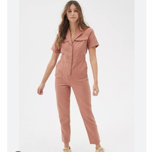 BDG Urban Outfitters Lizzy Short Sleeve Utility Coverall Jumpsuit Tan Pink M