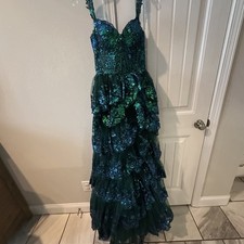 Sherri Hill Green Blue Sequin Ruffle Formal Gown Dress Evening Prom Party Size 2