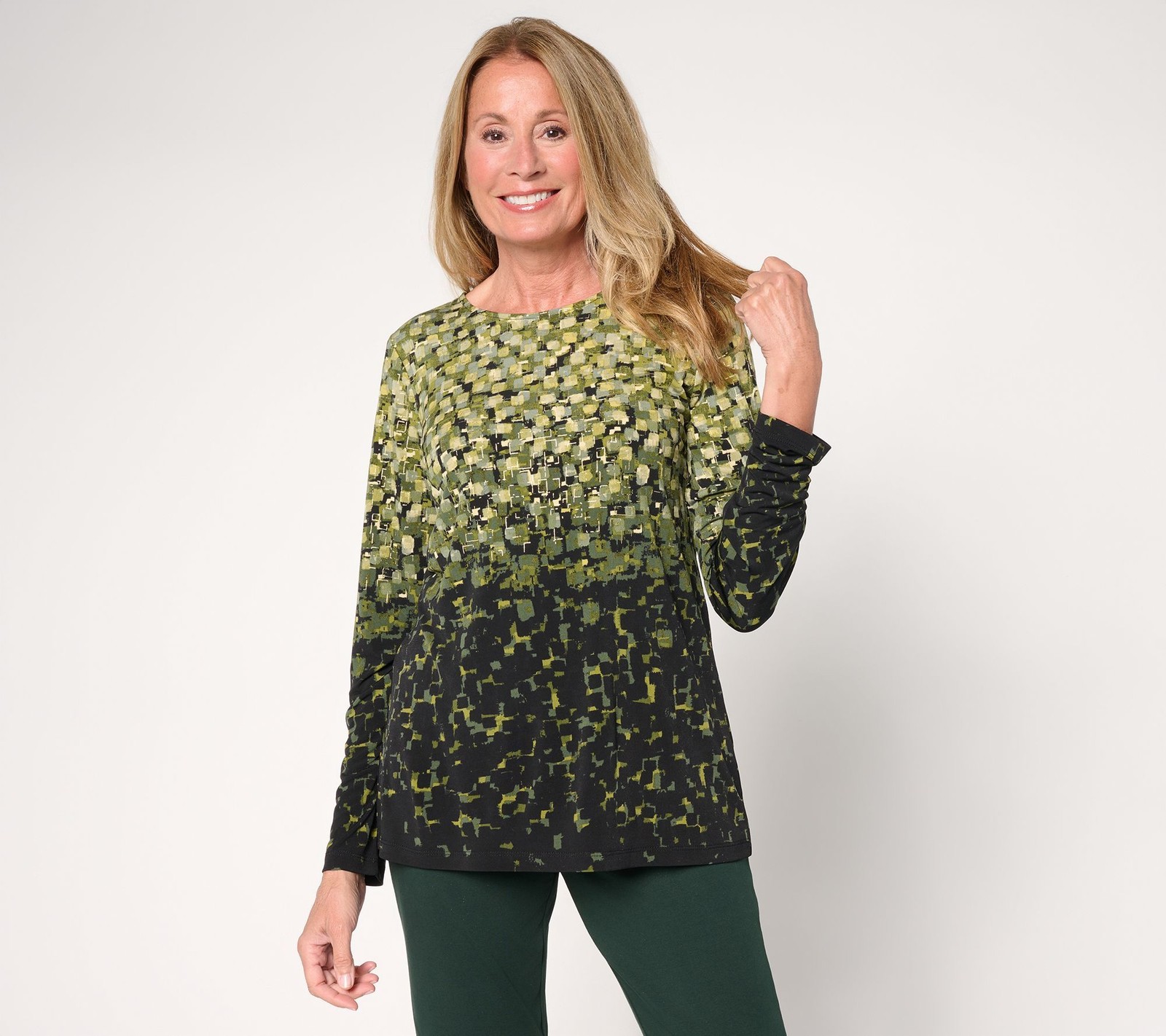 Susan Graver Women's Top Sz M Foil Printed Liquid Knit Long Multi-colored