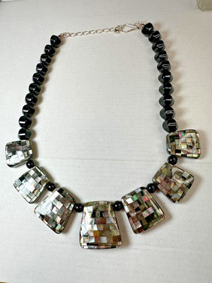 Jay King Necklace Desert Rose Trading Black Mosaic Stone Pendant Onyx Shell