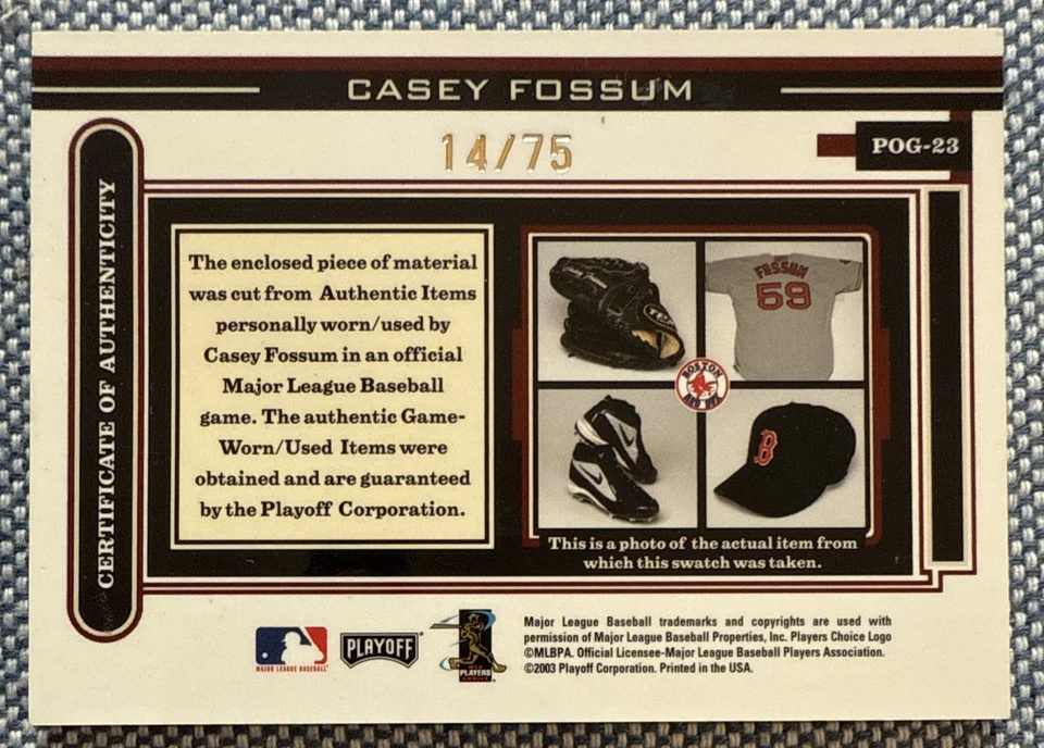 Casey FOSSUM🔥2003 Playoff Piece of the Game HAT Relic AUTO #POG-23 14/75💥 - Image 2 of 2