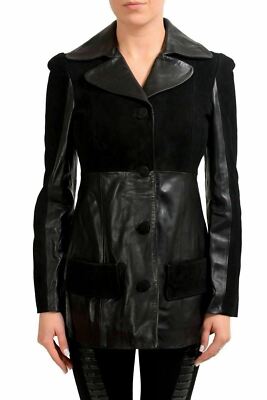 Just Cavalli 100% Goat Leather Black Button Down Women's Basic Jacket US S IT 40