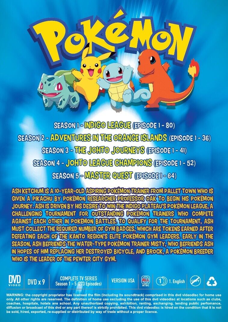 Anime DVD Pokemon Complete Series Season 1-5 Vol.1-273 End (USA Version)  Eng Dub