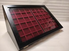 Wood and glass display case with two velvet trays for coins