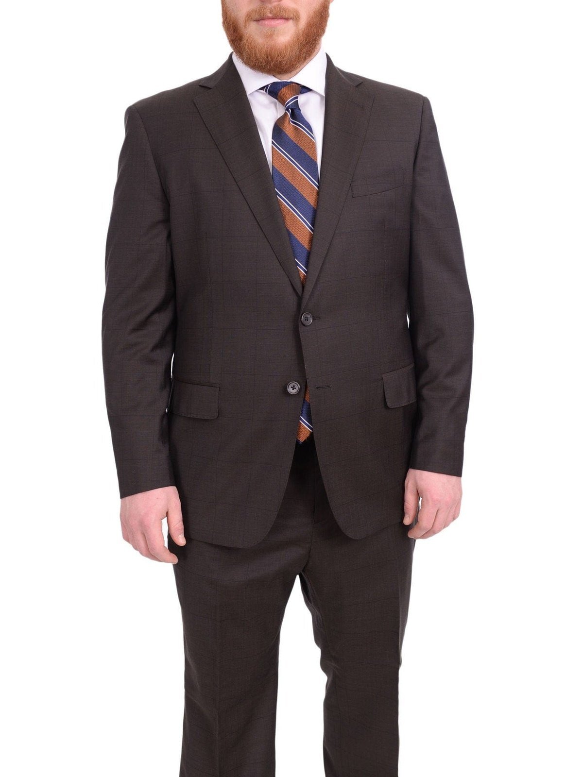 Blujacket Классический крой Коричневый шерстяной костюм Marzotto в клетку с оконным стеклом и полухолщовой тканью