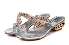 Women Summer SILVER Open Toe Chunky Heel Slip-On Rhinestone Sandals US Size 5.5