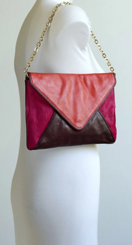 Colourful PINK, RED & BURGUNDY LEATHER SHOULDER BAG / CLUTCH , CHAIN STRAP , S/M - Image 4 of 4