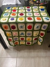 60"x 36" vintage granny square lap blanket with 3D flower green/ white