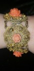 Vintage filigree gold tone link Bracelet with celluloid carved flowers — photo 2