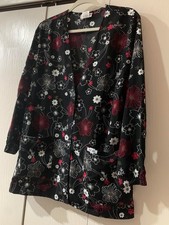 Cherokee Womens Button Down Scrub Jacket Pockets Black Floral Tie Back Size SM