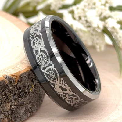 Men's 8MM Tungsten Ring   Two-Tone Black & Silver Finish with Celtic Knot Accent