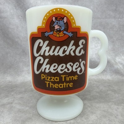 VTG 1980s Chuck E Cheese Milk Glass Pedestal Coffee Mug Retro Pizza Time Theatre