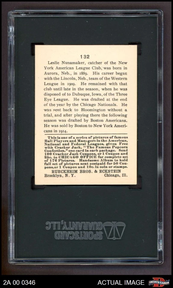 1915 Cracker Jack #132 Les Nunamaker Yankees SGC 7 - NM - Image 2 of 2
