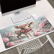 40*90cm1pc XXL Deer Floral Desk Pad with Non-Slip Rubber Base - Pink Roses & Can