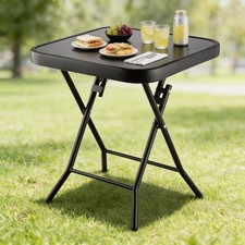 Garden Furniture Glass Top Side Table Patio Rattan Foldable Drinks Coffee Black