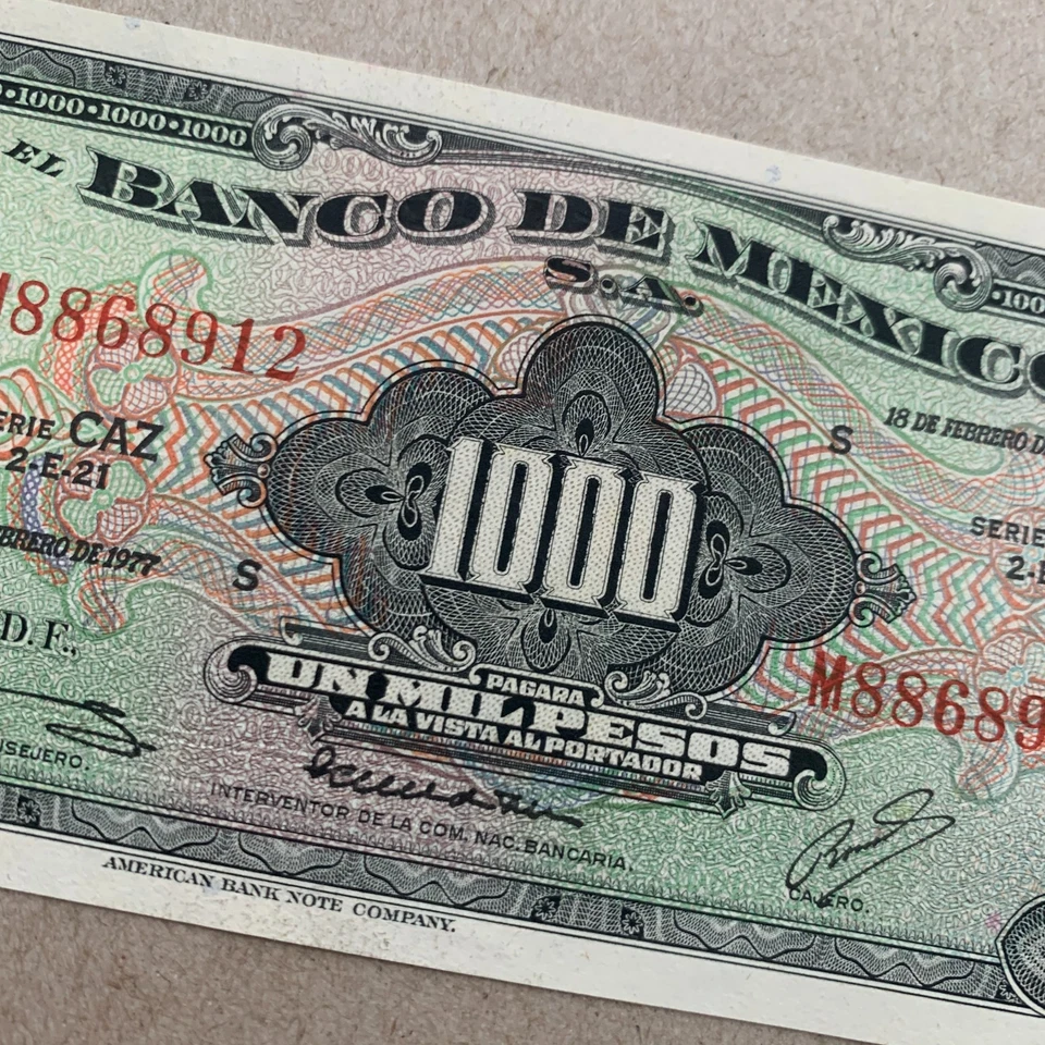 Chichen Itza 金字塔 罕见 墨西哥 1000 比索钞票 1977 年 Cuauhtemoc 货币 — 第 3/4 张图片