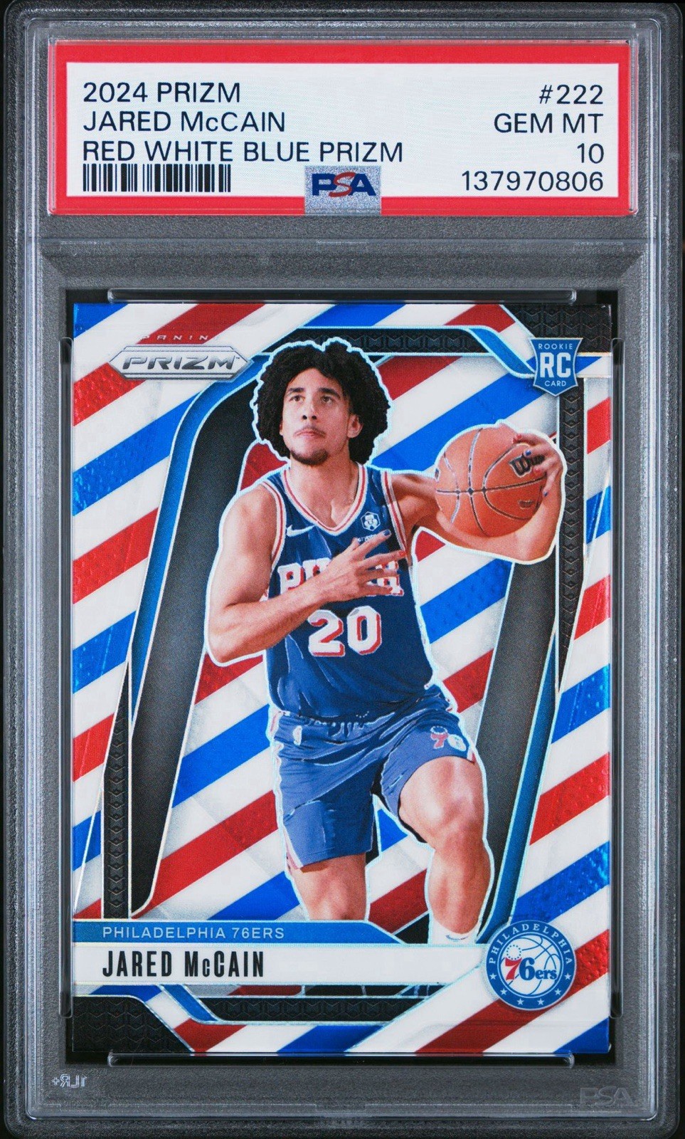 Jared McCain 2024-25 Panini Prizm #222 Red White Blue Prizm RC PSA 10 Gem Mint