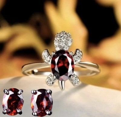 Beautiful Red Garnet CZ Turtle Ring Size 10 & Earrings Set