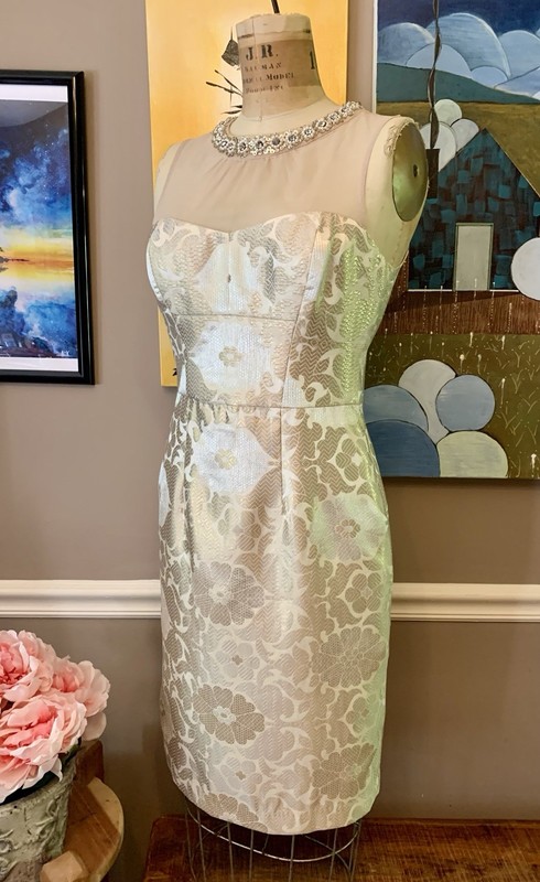 Maggy London Metallic Brocade Sheath Dress Rhinestone Illusion Neckline Size 6