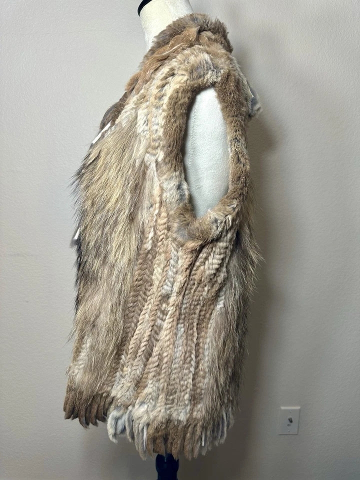 Women's Niiersengi Brown Woven Rabbit Fur Raccoon Trim Vest Gilet Size L - Image 4 of 4