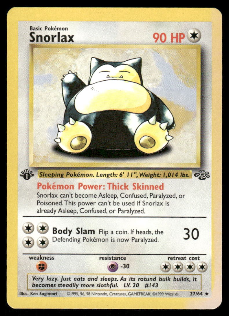 Pokemon Cards Snorlax 27/64 1st Edition Jungle Rare NM EBAY LIVE FRIDAY