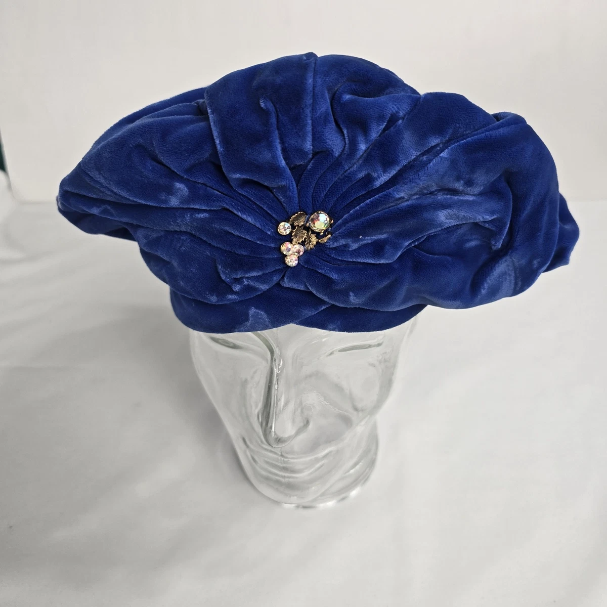 Vintage 50\'s Blue Velvet Turban Hat w/Bow & chin strap possible Antique 1910 Bonnet - Etsy main image 2