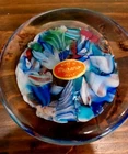Vintage Murano Glass Paperweight Italy Scrambled Canes Design Blue White 4"w