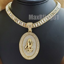 Gold Plated Alloy Praying Hands 18" 20" 24" Iced Cubic Zirconia Chain Necklace