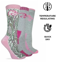 Ducks Unlimited Womens Merino Wool Heavy Camo Pink Crew Boot  Ankle Socks 3 Pack