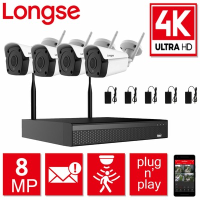 Longse Wifi CCTV 4CH Wireless Security Camera System Kit 4K 4X Camera Easy Setup