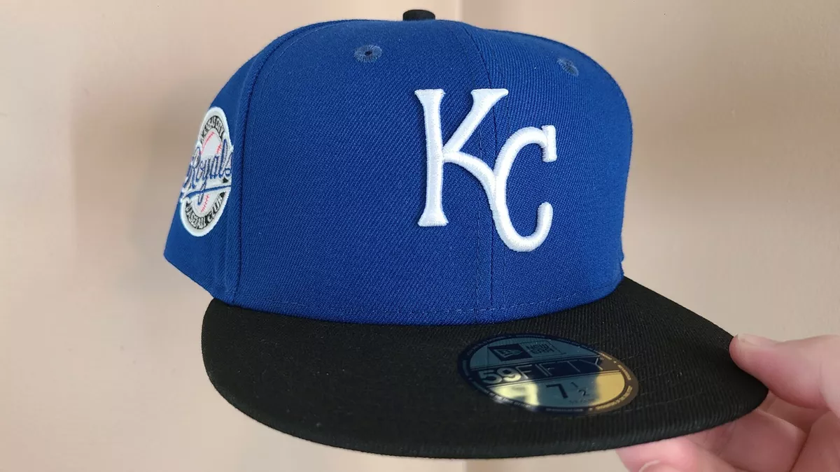 EXCLUSIVE KANSAS CITY ROYALS FITTED HAT 7 1/2 BLUE BLACK AMAZING SIDE PATCH