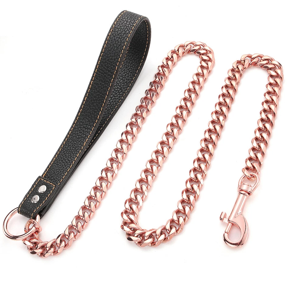 11/15mm Rose Gold Tone Stainless Steel Cuban Link Dog Chain Leash Leather Handle - Image 2 of 4