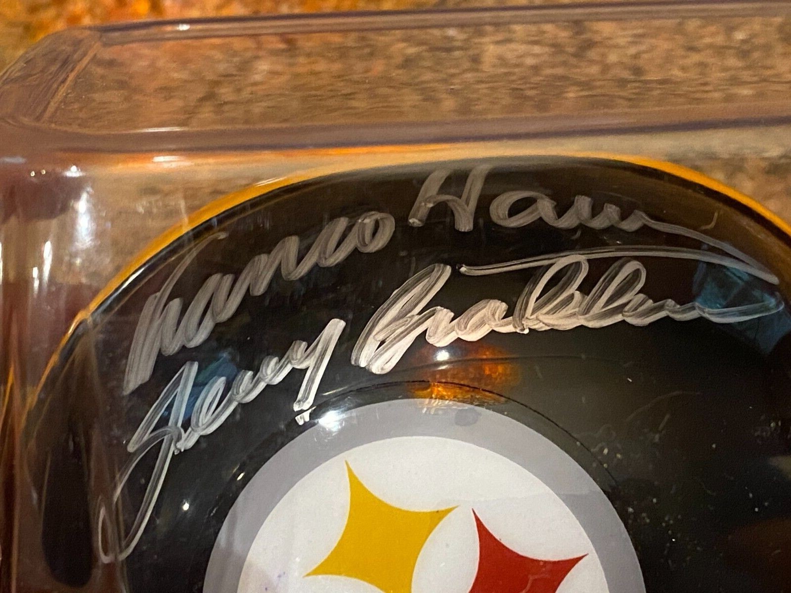 Franco Harris Autographed Signed Pittsburgh Steelers Terry Bradshaw mini helmet Mounted Memories Terry hologram 