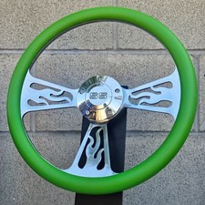 14 Billet Flame Steering Wheel With Green Vinyl Wrap And Ss Horn Button