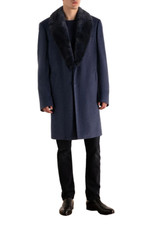 Fendi Roma Navy Blue Mink Collar Two Button Wool Long Coat Size 50