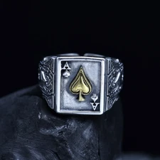 Ace of Spades Cards Poker Jewelry Silvery 2-Tone Adjustable Resizable Open Ring