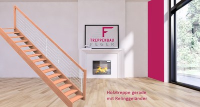 Massivholztreppe Basicline in Buche keilgez. B/B,Relinggel. + Edelstahlstäbe