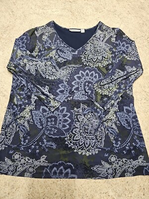 Croft And Barrow Women's Blue Sheer Lined Floral Print Blouse Size L