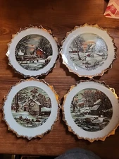 Vintage Currier & Ives "The Old Homestead in Winter" Set of 4 Wall Plates