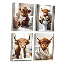 Drsoum Cute Highland Cow Bathroom Framed Wall Art Funny Animal Rustic Canvas 