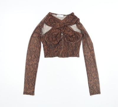 Bershka Women's Brown Cropped Mesh Animal Print Top Size UK