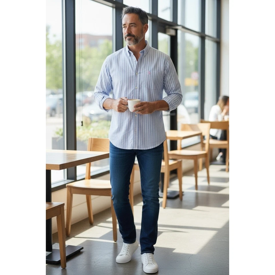 Aeropostale винтажный L на пуговицах синяя полоса длинным рукавом хлопок платье рубашка - Изображение 2 из 4