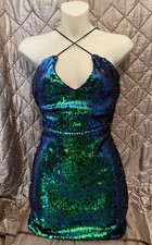 Prettylittlething PLT Sharlie Green Cross Strap Sequin Slip Dress 6 Blue Stretch