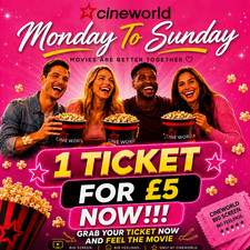 1 x Cineworld Cinema Tickets for &pound;5 - Any Day, Any Location - Read Description