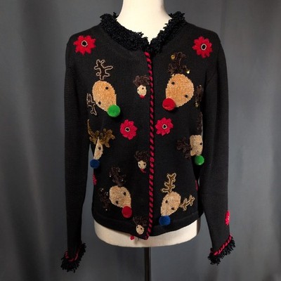 VTG Jack B Quick Ugly Christmas Sweater Reindeer Bells Embroidered Petite Small