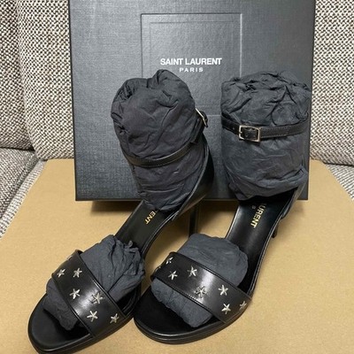 YSL Saint Laurent Star Studs Strap Sandals Black Leather Open Toe Women's 35 US5