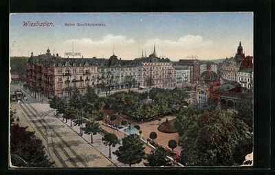Postcard Wiesbaden, at the cooking fountain 1925 